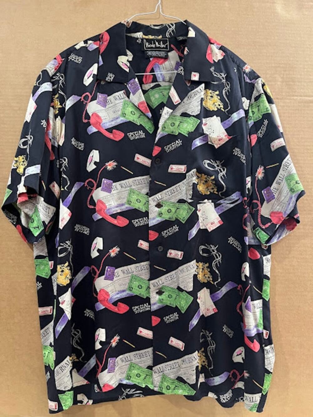 VTG 90s Nicole Miller Shirt Silk Wall Street Journal Multicolor Size L